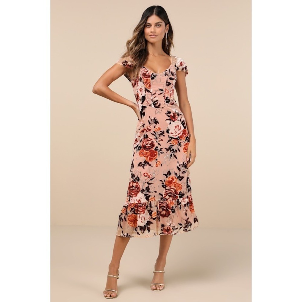 Lulus Composed Beauty Blush Pink Burnout Velvet Floral Midi Dress - Size XS